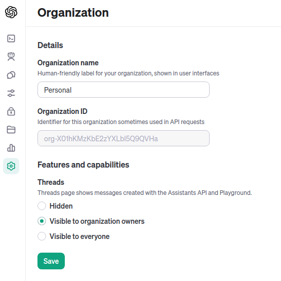 An image showing OpenAI Platform settings